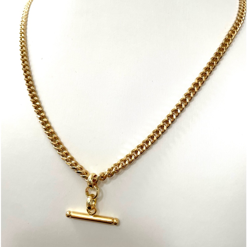 Gold T Bar Curb Link Chain Necklace - Picture 2 of 4